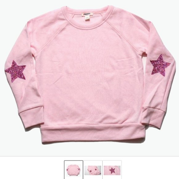 J.CREW CREWCUTS GIRLS PINK SEQUIN STAR ELBOW PATCHES CREWNECK SWEATSHIRT - Picture 1 of 3